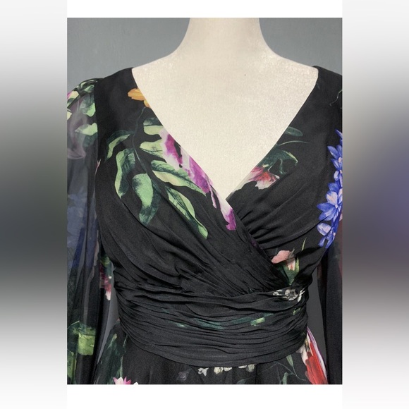 Mac Duggal Sz 2 Black Floral Print Chiffon Long Sleeve Maxi Dress - Picture 5 of 11